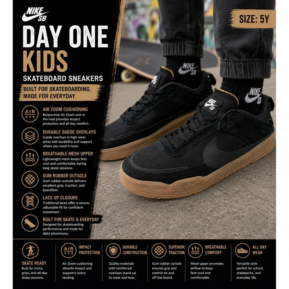 Nike SB Day One Kids Size 5Y Black Gum Light Brown Skateboard Sneaker FN4210-001